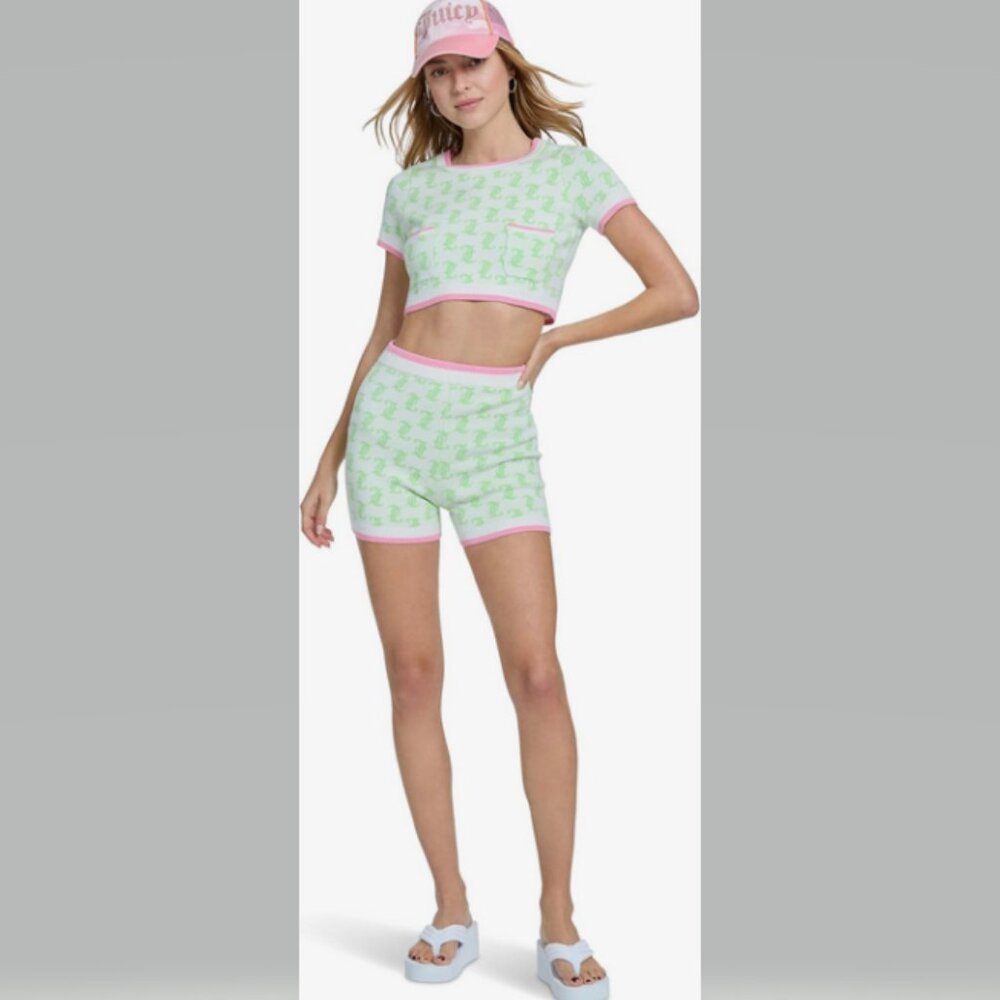 Juicy Couture Monogram Knit Sweater Shorts in Sour Apple Cream Soda XS NWT